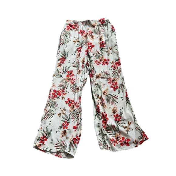 White floral linen pants elastic waist & pockets size medium red & orange - Picture 1 of 13